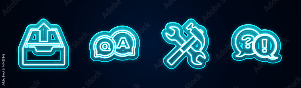 Set line Upload inbox, Question and Answer, Crossed hammer wrench and Exclamation. Glowing neon icon. Vector Set line Upload inbox, Question and Answer, Crossed hammer wrench and Exclamation. Glowing neon icon. Vector