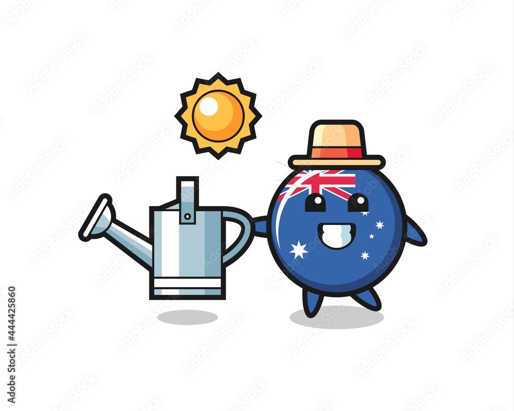 Cartoon character of australia flag badge holding watering can