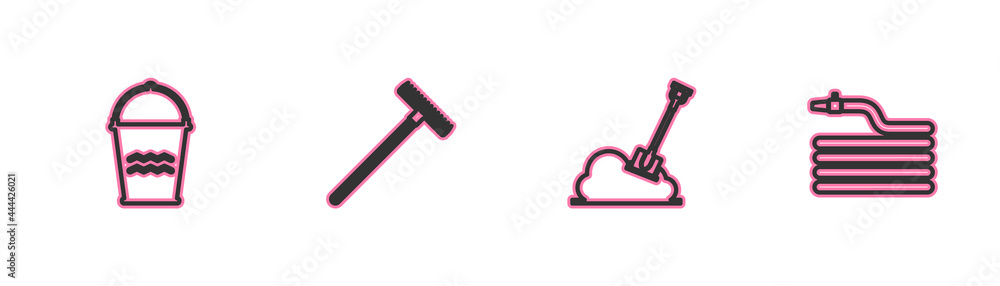 Set line Bucket, Shovel in the ground, Garden rake and hose or fire hose icon. Vector Set line Bucket, Shovel in the ground, Garden rake and hose or fire hose icon. Vector
