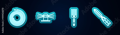 Set line Garden hose or fire hose, Automatic irrigation sprinklers, fork and Gardening handmade scissor. Glowing neon icon. Vector