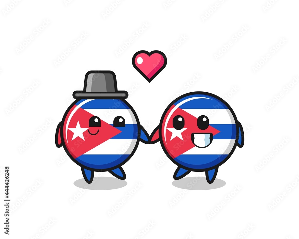 cuba flag badge cartoon character couple with fall in love gesture