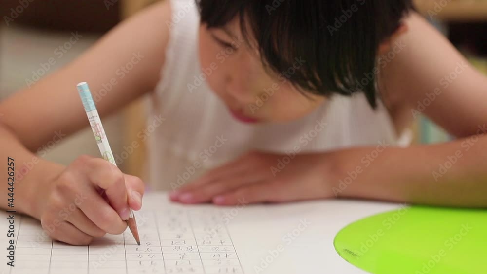 夏休みの家で宿題をしている小学生の女の子の様子 夏休みの家で宿題をしている小学生の女の子の様子
