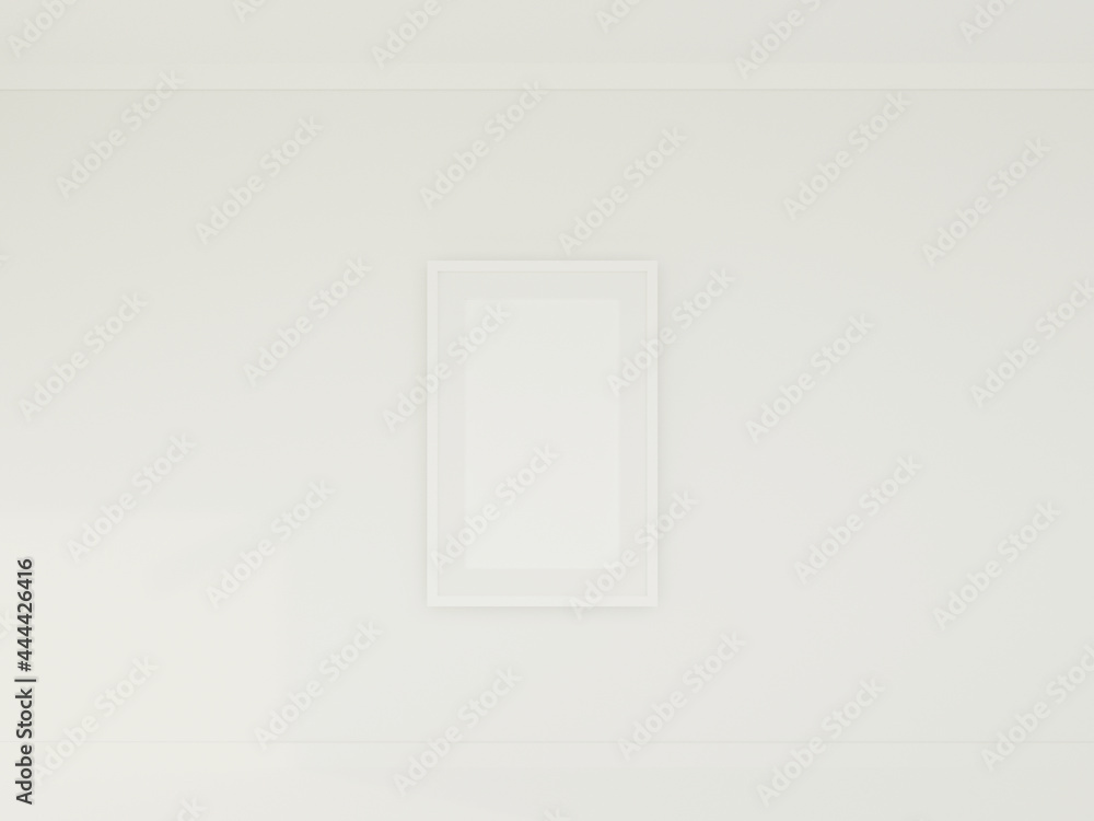 Interior space with wall photo frame hanging, Minimal white wall, floor, ceiling 3d rendering illustration. Interior space with wall photo frame hanging, Minimal white wall, floor, ceiling 3d rendering illustration.