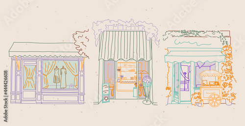 Vector set of hand drawn retro vintage / Boho storefronts for social media and web / logo design.