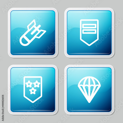 Set line Aviation bomb, Chevron, and Parachute icon. Vector