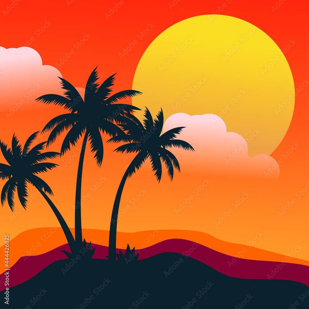Flat Beach sunset background Vector template

