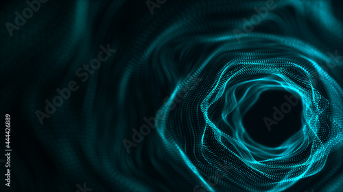 Cyber tunnel consisting of moving glowing points. Futuristic infinite space background. Concept of data transfer in cyberspace. Hi-tech illustration. 3d rendering.