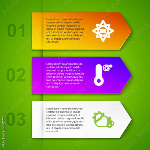 Set line UV protection, Meteorology thermometer, Thermometer and cloud, sun and with snowflake. Business infographic template. Vector