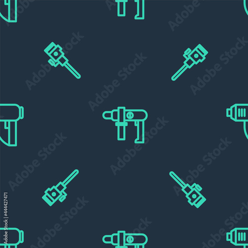 Set line Electric drill machine, Construction jackhammer and industrial dryer on seamless pattern. Vector