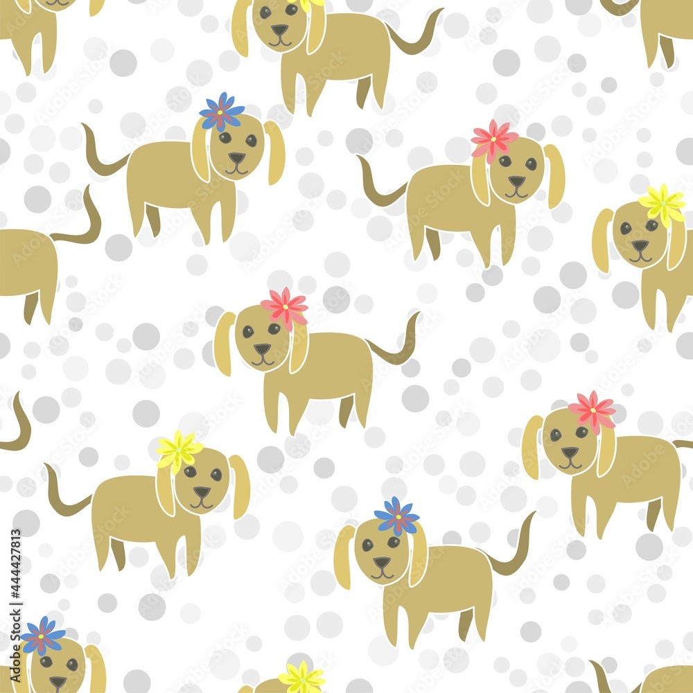 Fototapeta premium Vector Seamless Repeat Pattern With Cute Dogs With Flowers On White