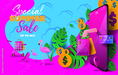 digital technology smartphone payment online internet fashion shopping e-commerce marketing on application service summer sales product by credit card in vector illustrator, delivery logistic