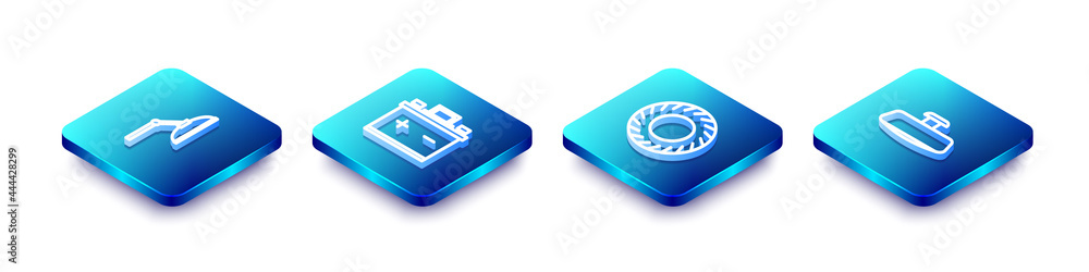 Set Isometric line Windscreen wiper, Car battery, tire and mirror icon. Vector Set Isometric line Windscreen wiper, Car battery, tire and mirror icon. Vector