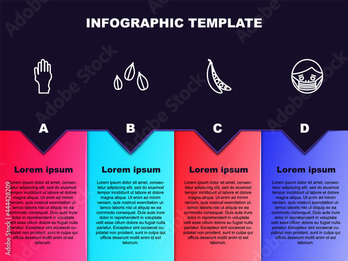 Set line Hand with psoriasis or eczema, Sesame seeds, Kidney beans and Face in protective mask. Business infographic template. Vector