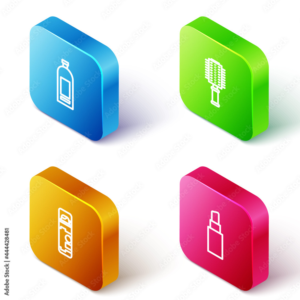 Set Isometric line Bottle of shampoo, Hairbrush, Shaving gel foam and Lipstick icon. Vector Set Isometric line Bottle of shampoo, Hairbrush, Shaving gel foam and Lipstick icon. Vector