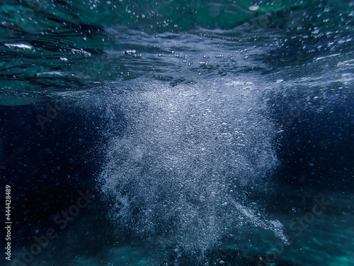 Underwater bubbles  under the Mediterranean sea  very suitable landscape picture for backgrounds  blue background of underwater bubbles