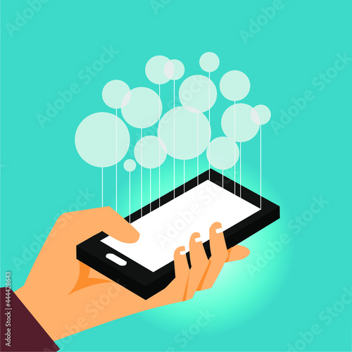 some bubbles related to the line coming out of the smartphone screen held by the hand