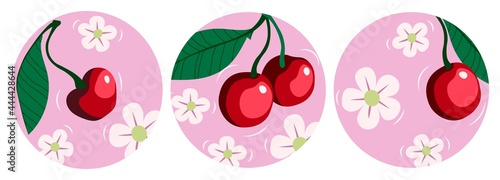 Wallpaper Mural Juicy cherry for highlighting social media covers. Cherries with leaves and flowers. Stories. Vector illustration in summer colors for printing and decoration. Suitable for making stickers. Round badg Torontodigital.ca
