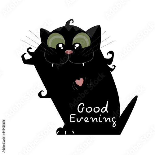 black cat. happy pet. outdoor cat illustration. inscription good evening