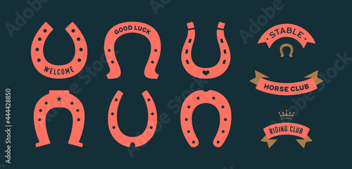 Lucky horseshoe. Set of horseshoes, graphic and lucky symbols. Design elements, set drawing, vintage hipster style. Horseshoe, typography, ribbon and good luck fortune sign. Vector Illustration