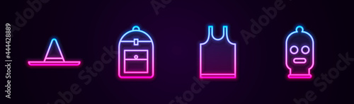 Set line Gardener worker hat, Backpack, Sleeveless T-shirt and Balaclava. Glowing neon icon. Vector