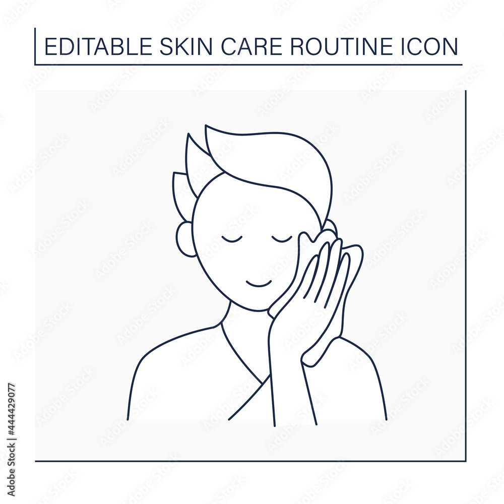 Obraz premium Beauty procedure line icon. Man wipe face by special wiping cloth. Cosmetology. Skin care routine concept. Isolated vector illustration. Editable stroke