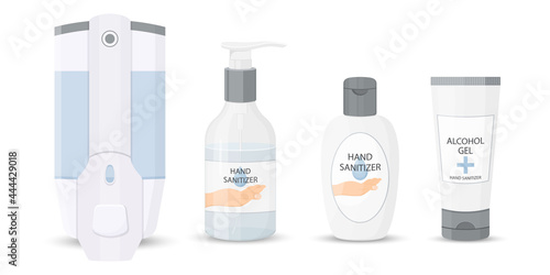 Set of hand sanitiser, bottles, washing gel, spray, liquid soap, medical mask, PPE personal protective equipment. Disinfection. Hygiene. Vector flat illustration