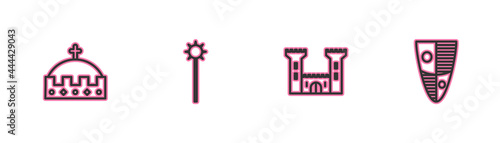 Set line King crown, Castle, Medieval chained mace ball and Shield icon. Vector