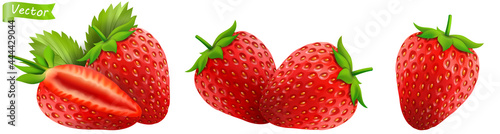 Strawberry. Realistic 3d isolated vector illustration. Strawberries with leaf on white background. Set of fresh red ripe mellow berry. Whole and half of strawberry, Front view strawberries set.