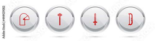 Set line Medieval iron helmet, chained mace ball, sword and bow. Silver circle button. Vector