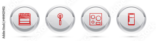 Set line Oven, Pizza knife, Electric stove and Refrigerator. Silver circle button. Vector