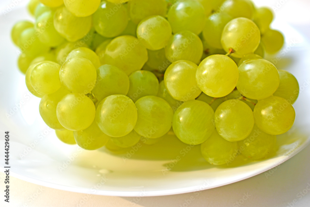 Green juicy delicious grapes on a white plate Green juicy delicious grapes on a white plate