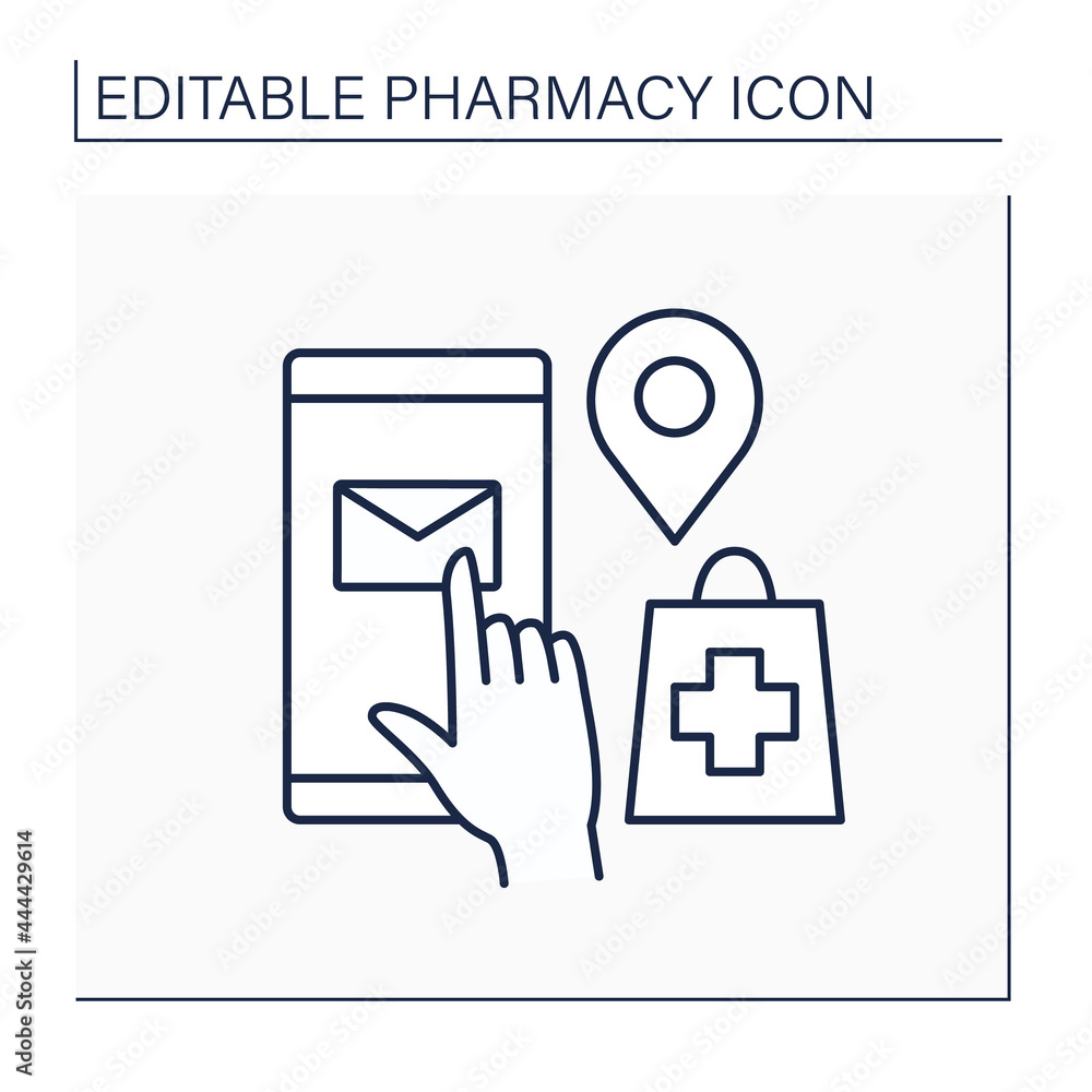 Fototapeta premium Mail order line icon. Ordering medication by post. Drug delivery. Online shopping. Pharmacy concept. Isolated vector illustration. Editable stroke