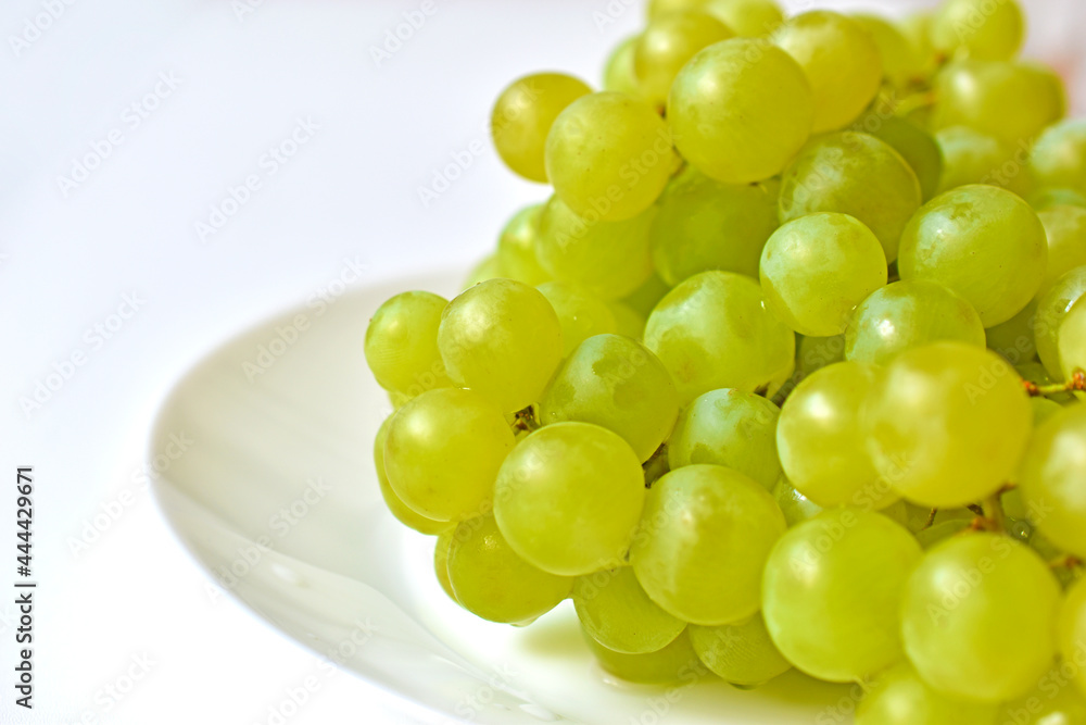 Green juicy delicious grapes on a white plate Green juicy delicious grapes on a white plate
