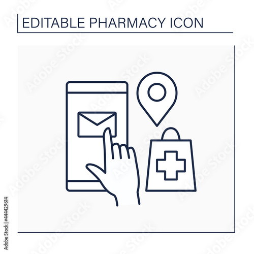 Mail order line icon. Ordering medication by post. Drug delivery. Online shopping. Pharmacy concept. Isolated vector illustration. Editable stroke