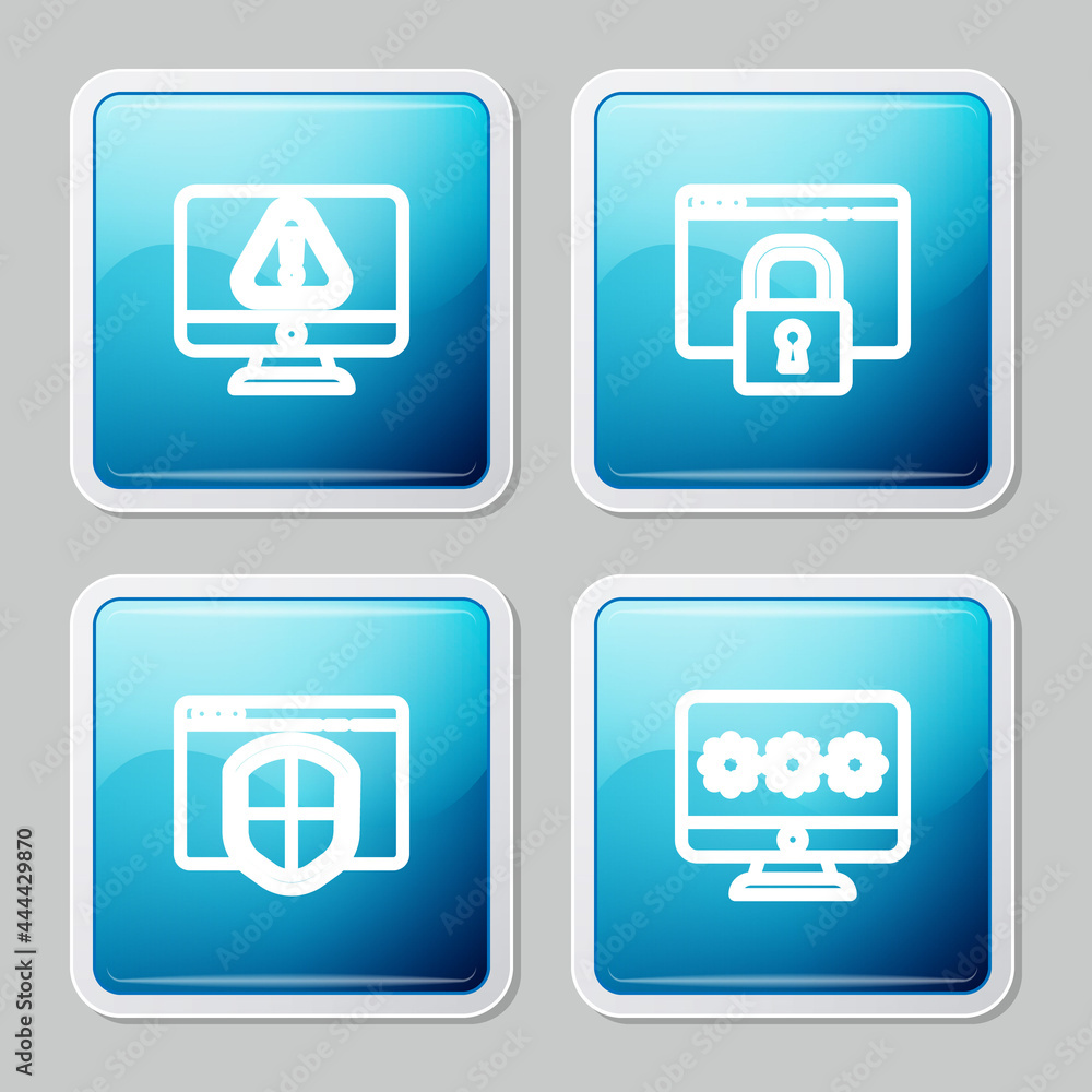 Set line Monitor with exclamation mark, Secure your site HTTPS, SSL, Browser shield and password icon. Vector Set line Monitor with exclamation mark, Secure your site HTTPS, SSL, Browser shield and password icon. Vector