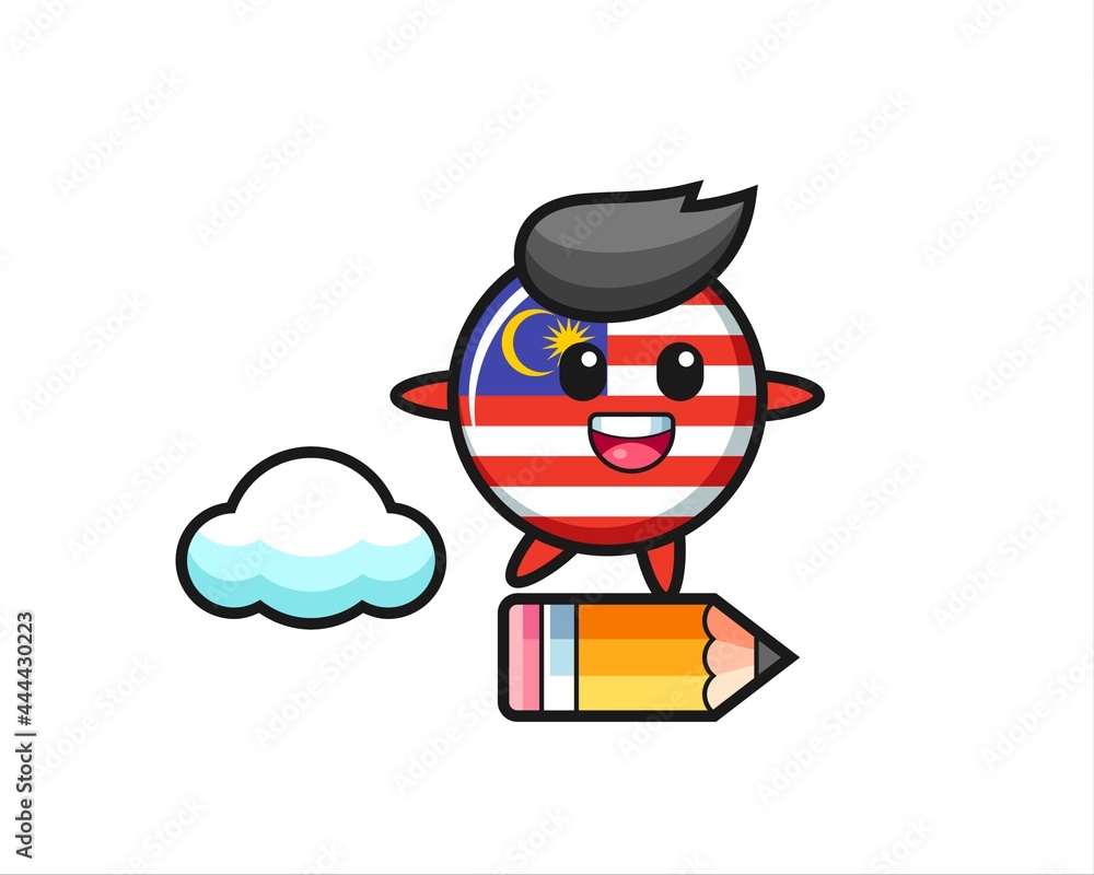 malaysia flag badge mascot illustration riding on a giant pencil malaysia flag badge mascot illustration riding on a giant pencil
