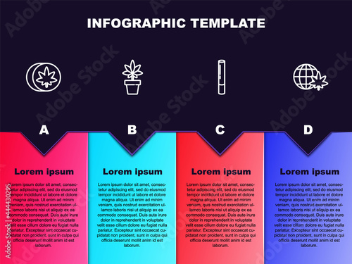 Set line Herbal ecstasy tablets, Marijuana or cannabis plant, joint and Legalize marijuana globe. Business infographic template. Vector