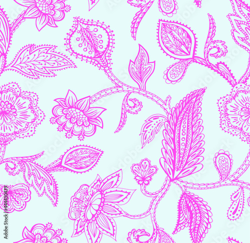 Vector seamless pattern with line drawn stylized leaves and flowers of exotic plants. Ethnic colorful doodle texture. Mehndi design.  Curved doodling background