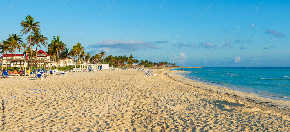 Obraz premium Cayo Coco, Cuba, 16 may 2021: Sandy beach of the hotel Tryp Cayo Coco with sun loungers and tall palm trees. People relax and sunbathe near the ocean on sun loungers.