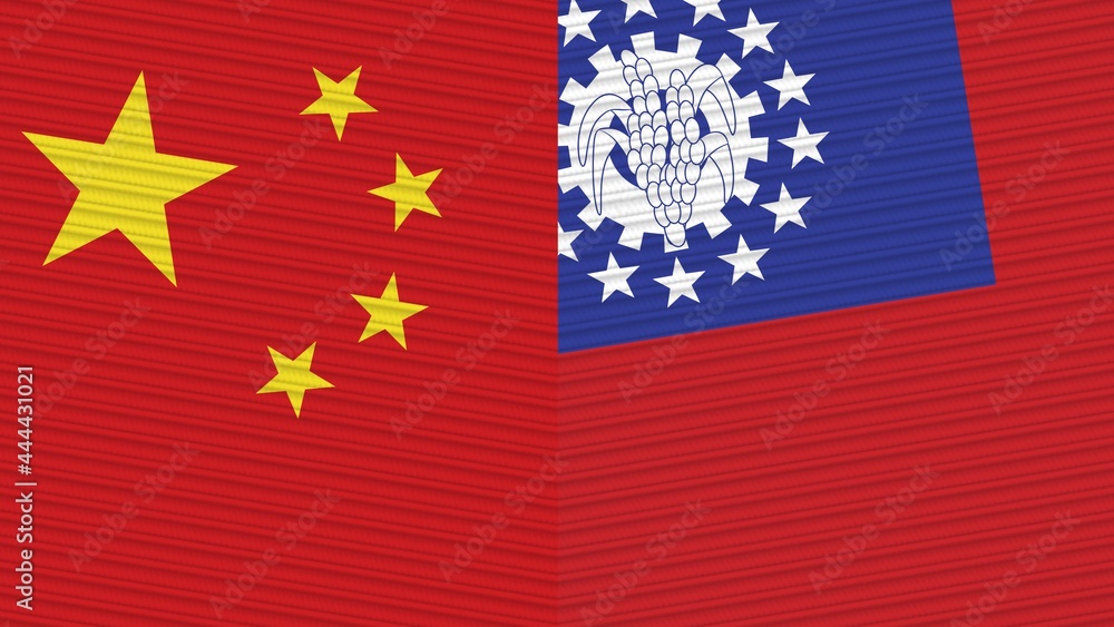 Fototapeta premium New Zealand and China Flags Together Fabric Texture Illustration Background