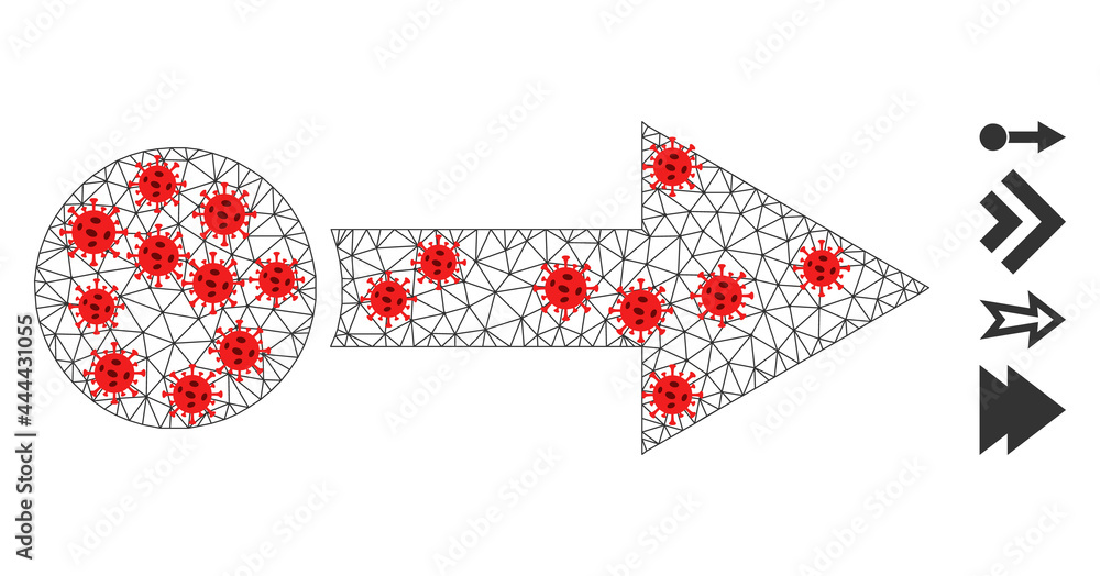 Mesh pull right with lockdown style. Mesh carcass pull right image in low poly style with connected lines and red covid nodes. Vector structure is created from pull right with covid nodes. Mesh pull right with lockdown style. Mesh carcass pull right image in low poly style with connected lines and red covid nodes. Vector structure is created from pull right with covid nodes.