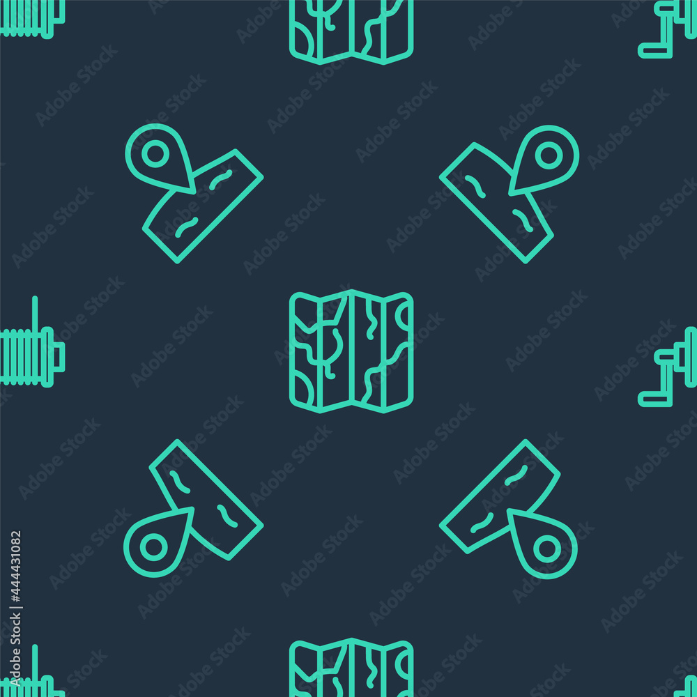 Set line Folded map, Location fishing and Spinning reel for on seamless pattern. Vector