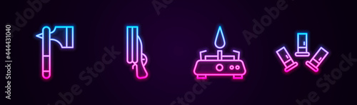 Set line Wooden axe, Shotgun, Camping gas stove and Cartridges. Glowing neon icon. Vector