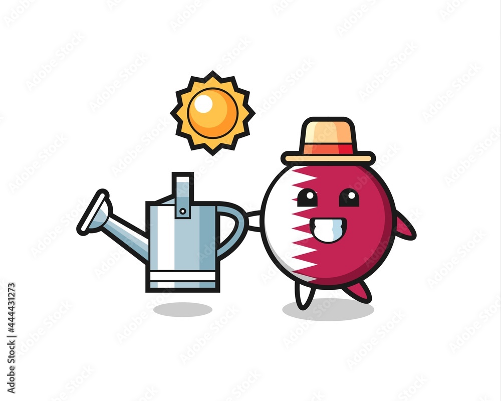 Cartoon character of qatar flag badge holding watering can