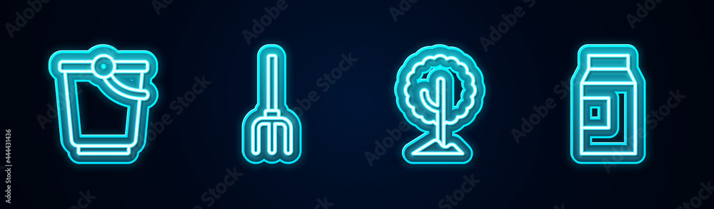 Set line Bucket, Garden pitchfork, Tree and Paper package milk. Glowing neon icon. Vector Set line Bucket, Garden pitchfork, Tree and Paper package milk. Glowing neon icon. Vector