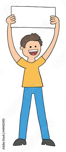 Cartoon man holding up white blank sign, vector illustration