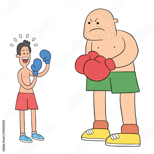 Cartoon two boxers in the ring, one weak and afraid, the other big-bodied, vector illustration