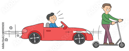 Cartoon open top luxury car and electric scooter that goes faster, vector illustration
