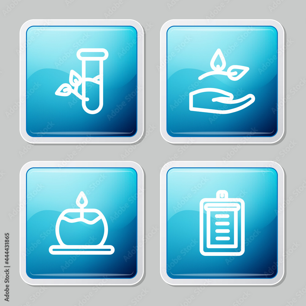 Set line Laboratory glass and leaves, Leaf in hand, Aroma candle and Clipboard with checklist icon. Vector Set line Laboratory glass and leaves, Leaf in hand, Aroma candle and Clipboard with checklist icon. Vector