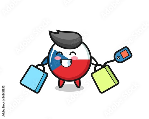 czech flag badge mascot cartoon holding a shopping bag